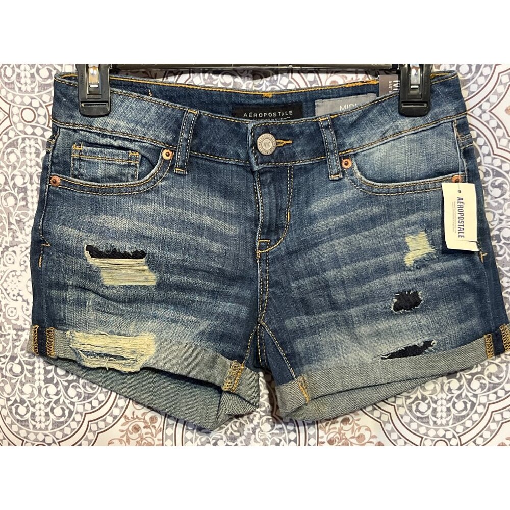 NEW AEROPOSTALE MIDI JEAN SHORTS DISTRESSED CUFFED SIZE 0 MEDIUM WASH DENIM